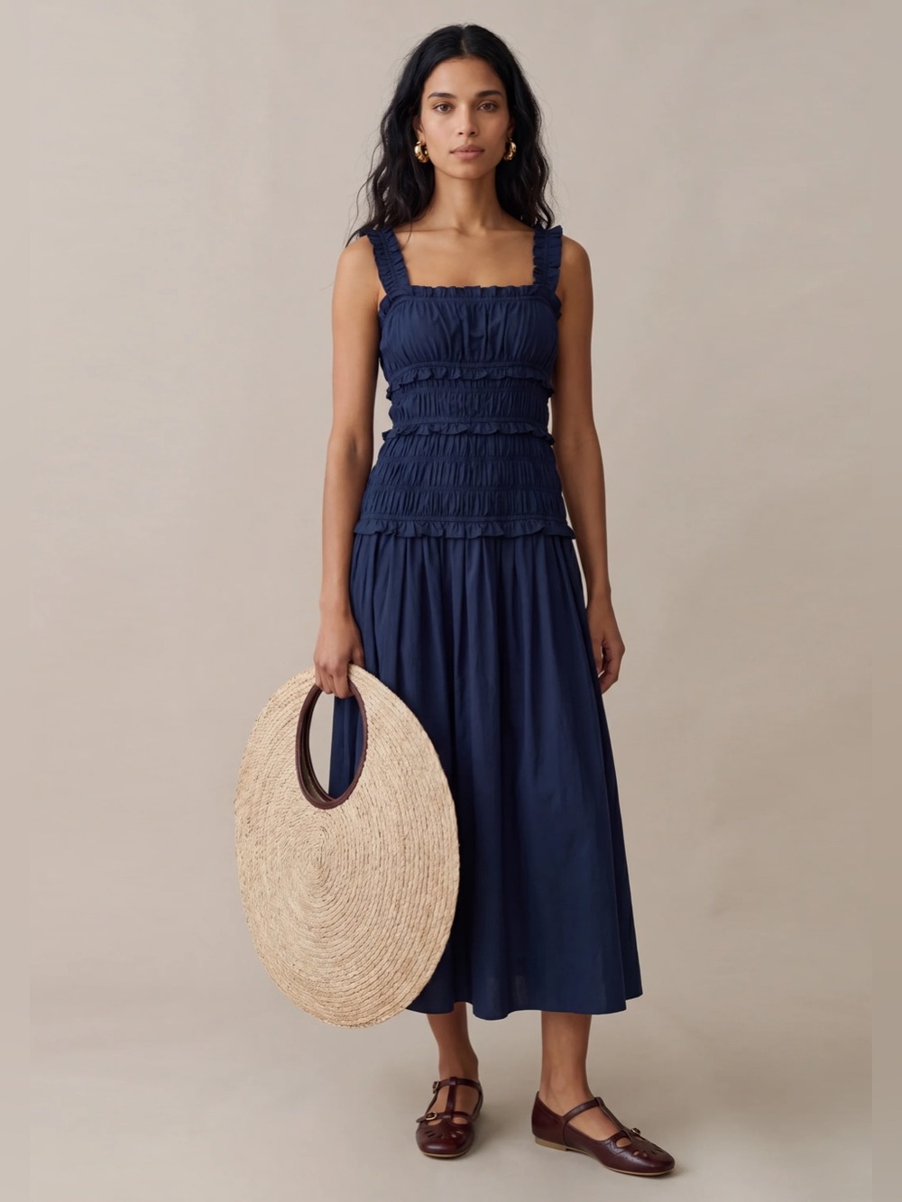 o.p.t Freya Cotton Dress Navy Smocked Detail Midi NWT XS Few Moda
$160 Retail